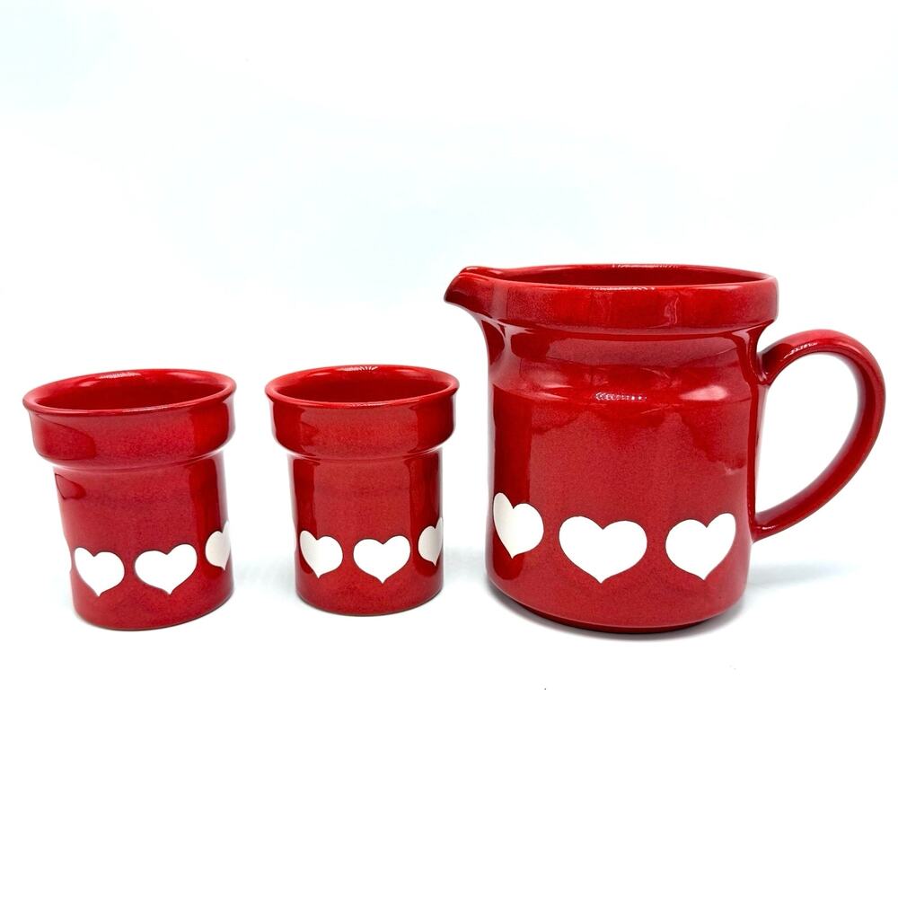 Vintage Waechtersbach Red White Hearts Pitcher 2 Cups 3 piece Set West Germany